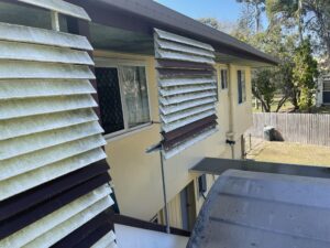 Close-up of dirty exterior blinds before cleaning in Mackay