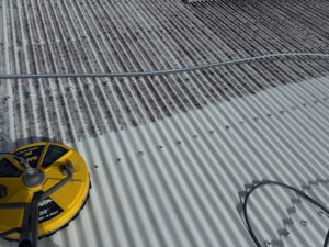 Roof cleaning removing black algae from Colorbond roof in Mackay
