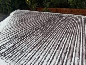 Before painted roof cleaning in Andergrove showing heavy mould and algae