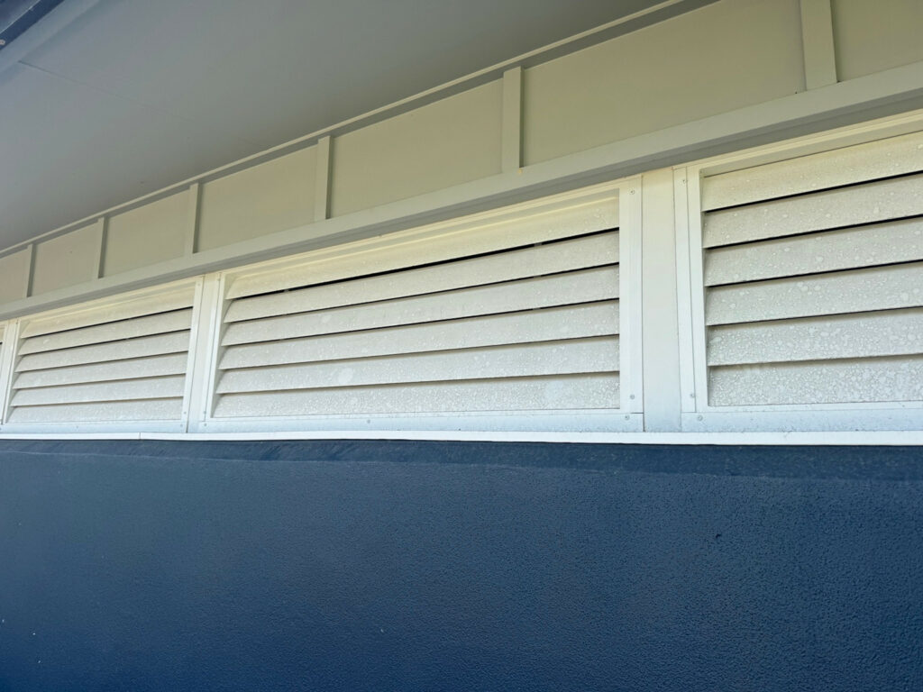 Surface spotting on pale slats illustrating a dirty exterior blinds assessment