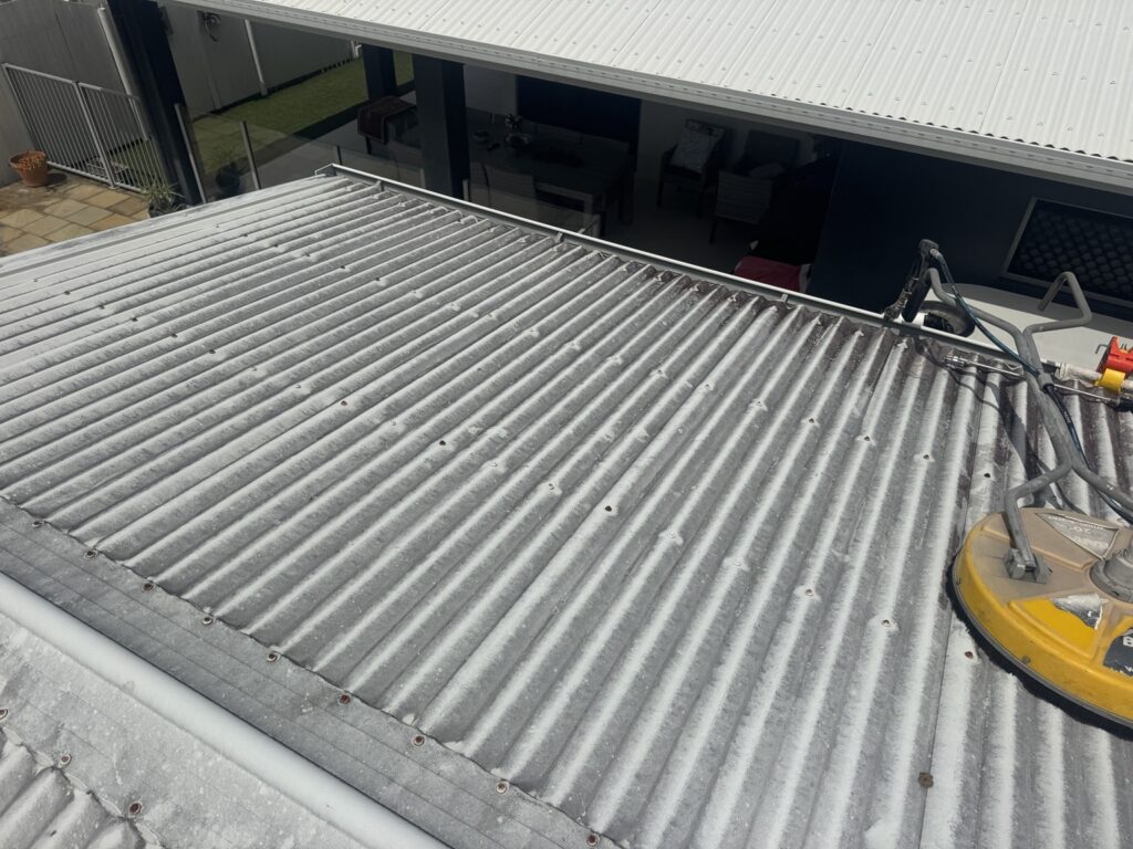 Dark build-up on the Glenella shed roof before cleaning