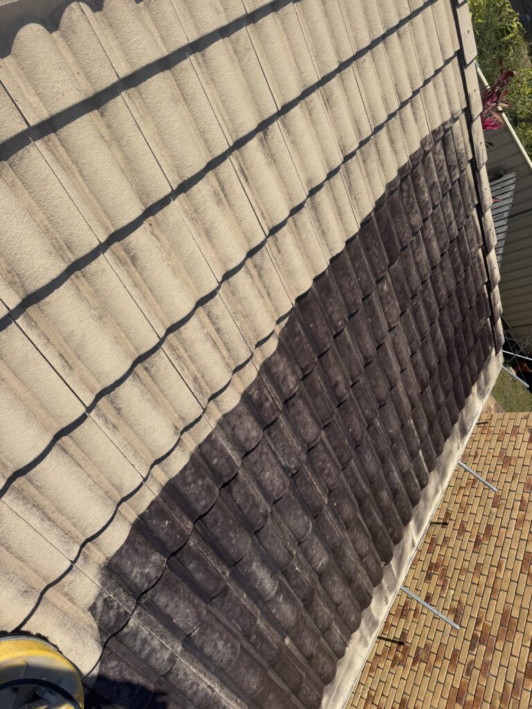 Light cleaned tiles beside dark uncleaned tiles during a West Mackay roof clean