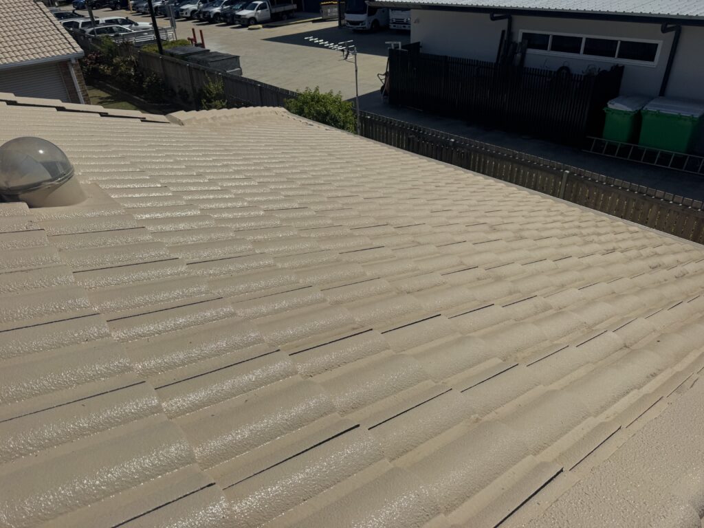 Freshly cleaned light painted roof tiles beside a domed roof fitting