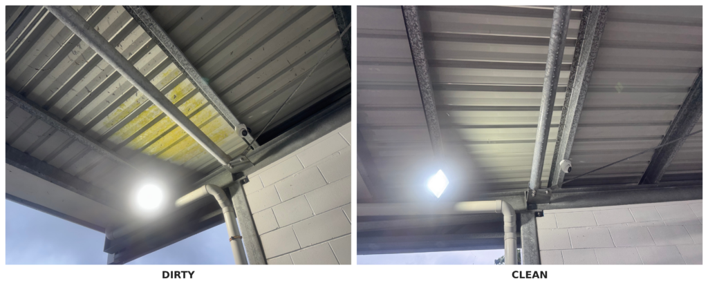 Dirty and clean views of the same car wash ceiling area in Rural View, photographed from different angles